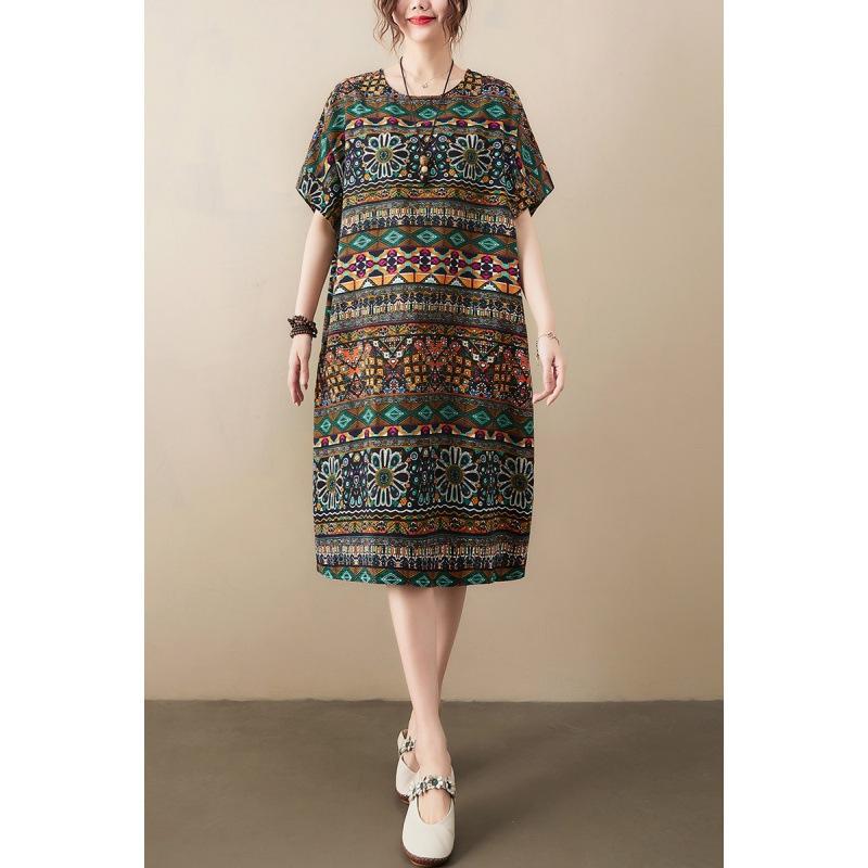 Summer Vintage Printed Loose Cotton and Linen Dress