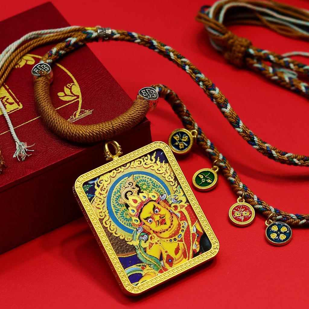 Yellow Jambhala Tibetan Thangka Gold Pendant Necklace with Fashionable Rope for Attracting Wealth