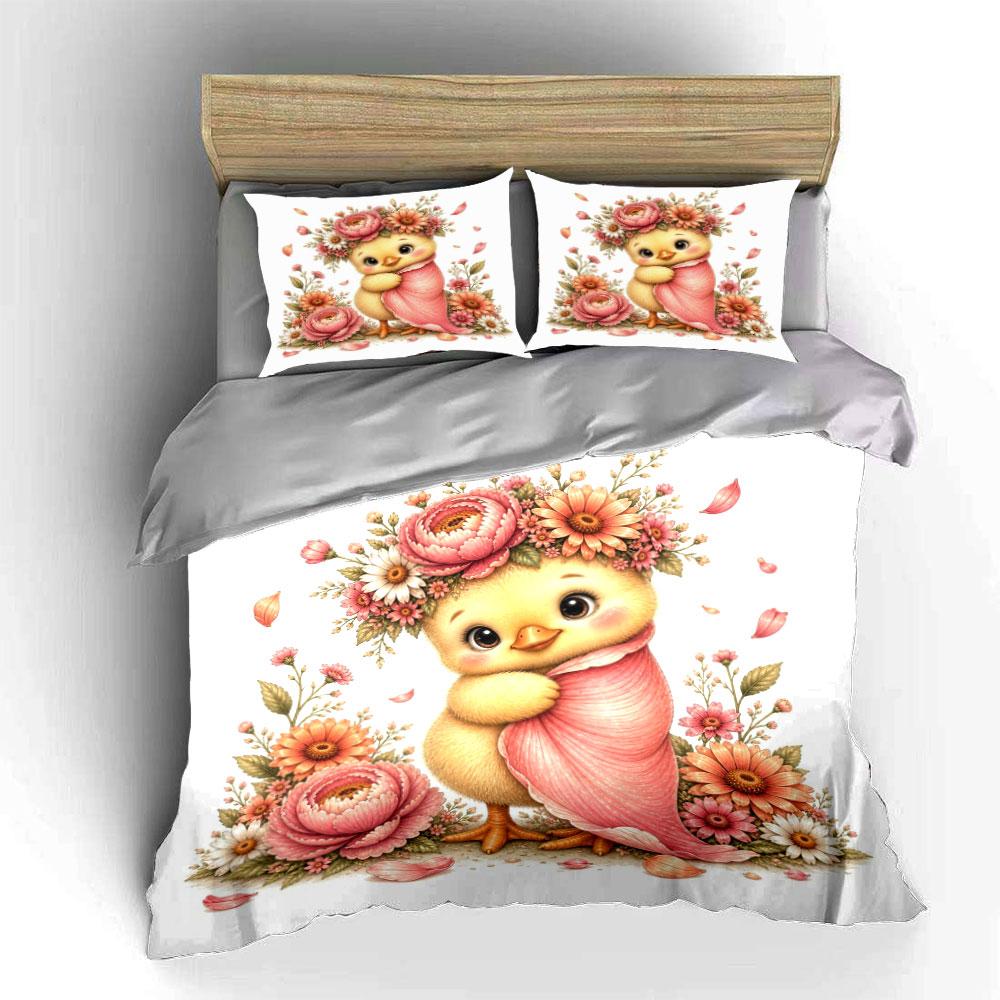 Adorable Chick With Floral Wreath Pattern Duvet Cover Set With 3D Printing Design Soft Polyester Bedding Set All-Season Comfort