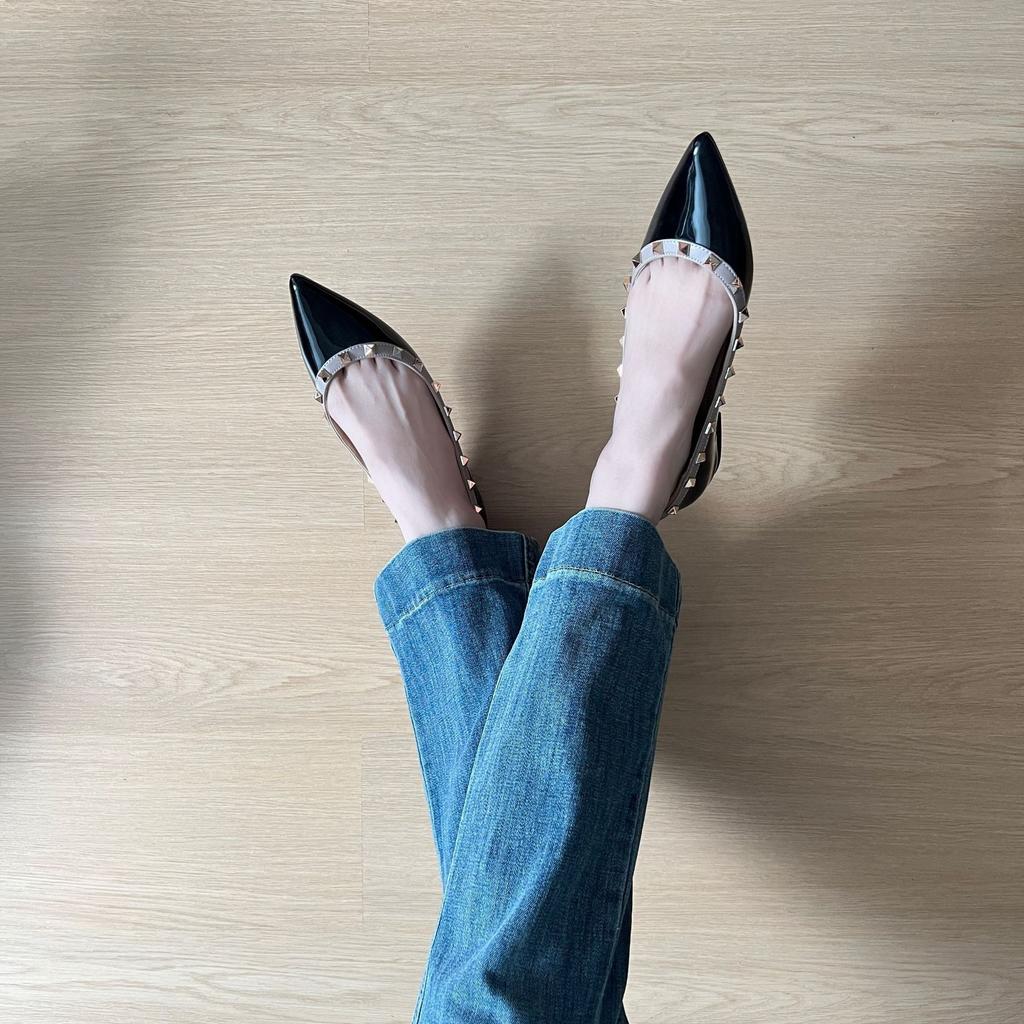 Pointed Toe Studded Classic Flats 5cm Height Increase French Style Soft Patent Leather Women Shoes Ballet Pumps,