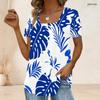 Women Plus Size U Neck Short Sleeve Tropical Leaf Printed White Curved Hem T Shirt