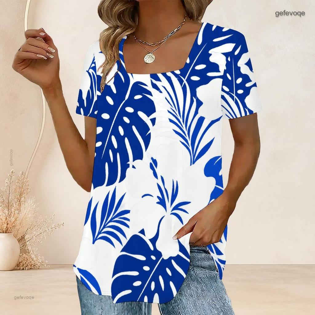 Women Plus Size U Neck Short Sleeve Tropical Leaf Printed White Curved Hem T Shirt