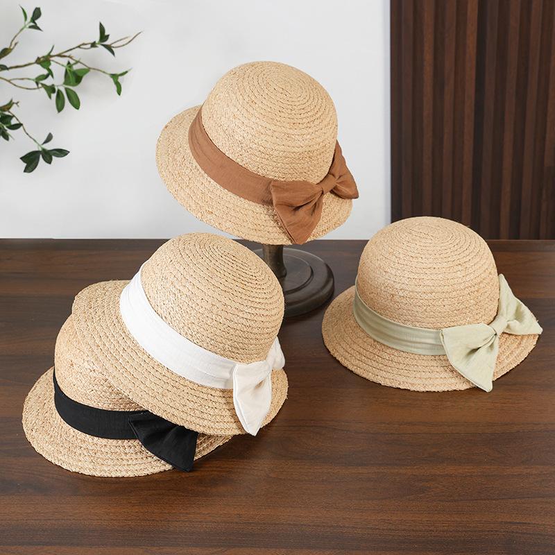 Women Raffia Straw Hat with Bow Tie Beach Holiday Sun Fedora Hat Retro Foldable Wide Brim Panama Jazz Hat