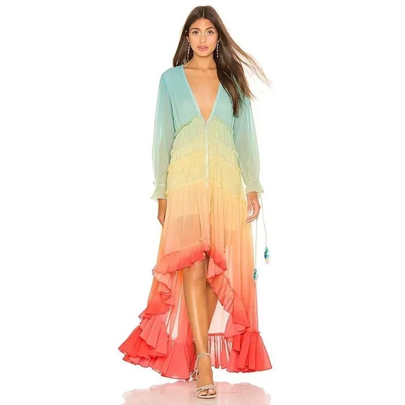 Women's Deep V-long Sleeved  Bohemian Dress Summer Printing Gradient Elegant Maxi Dress Patchwork Rainbow Color Party Dress Ruffles Sweet Vestidos