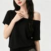 Women's Black T-shirt Ladies' Sloping Shoulders Slimming Short Sleeves Blouse Summer New Female Versatile Korean Version Top