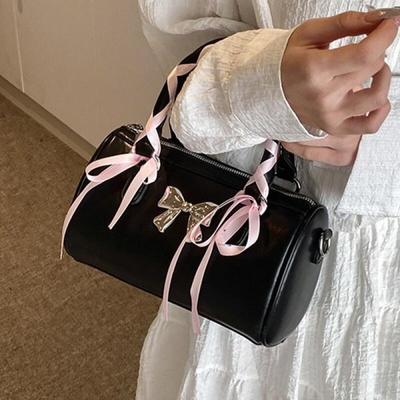 Small Square Bag Female Shoulder Bags Black Bow Silk Scarf Straps Zipper PU Leather Leisure FashionCommuter Crossbody Bag