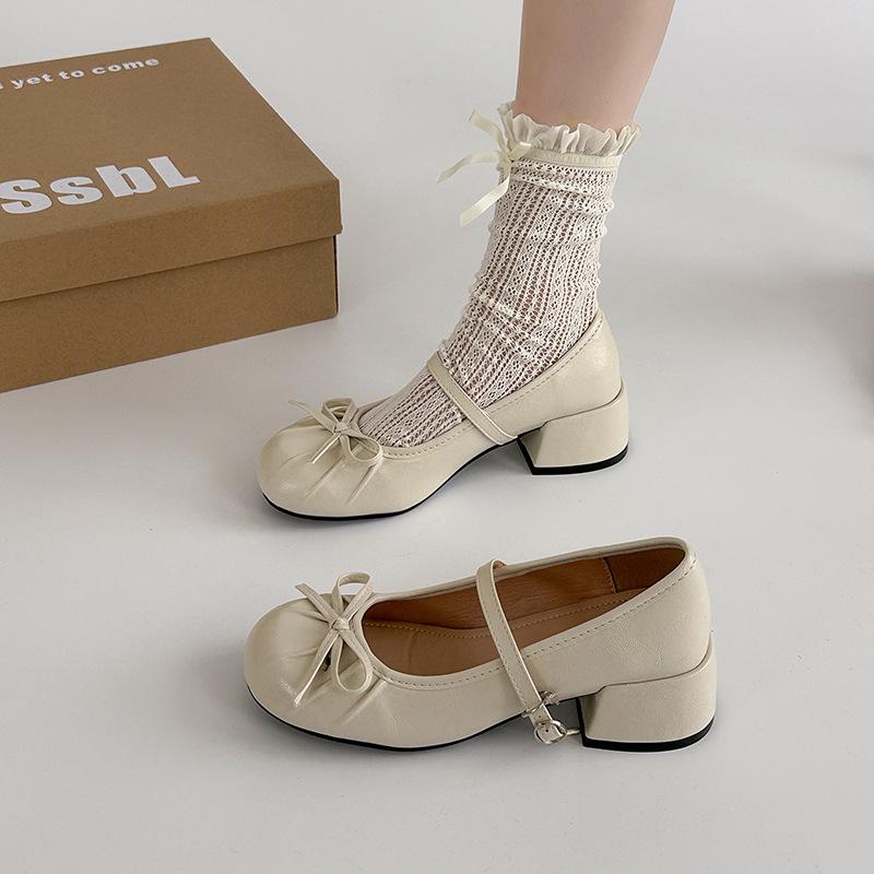 Coarse Heel High Heel Mary Jane Shoes French Pleated Round Head 2025 New Summer Bow Gentle Single Shoes Women's Skirt