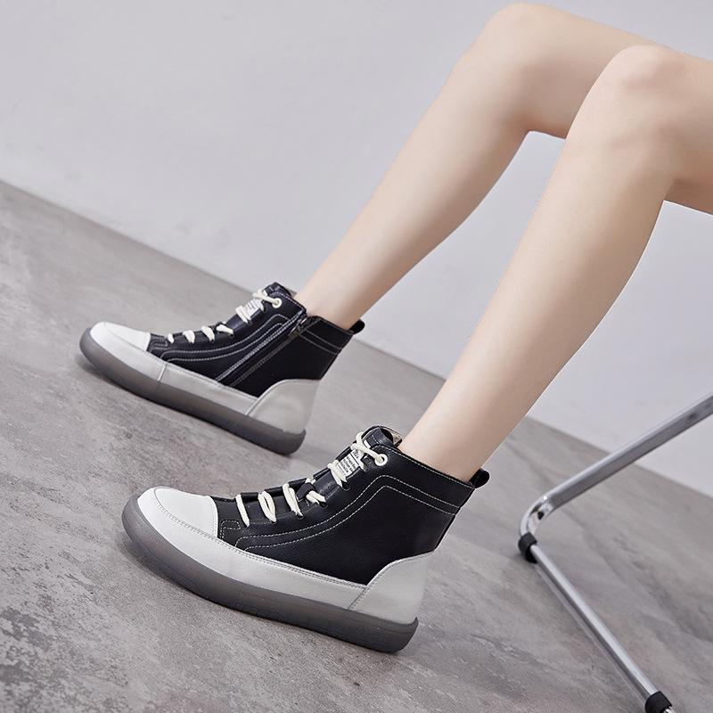 Leather short boots women's 2025 casual versatile flat bottom side zipper high top white shoes women's Internet celebrity popular boots velvet