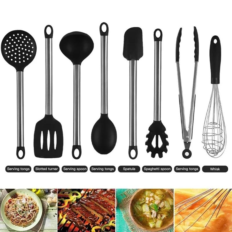 9Pcs Silicone Cooking Utensils Set Stainless Steel Handle Kitchen Utensil Set With Storage Box Serving Spatula Spoon Tongs Whisk