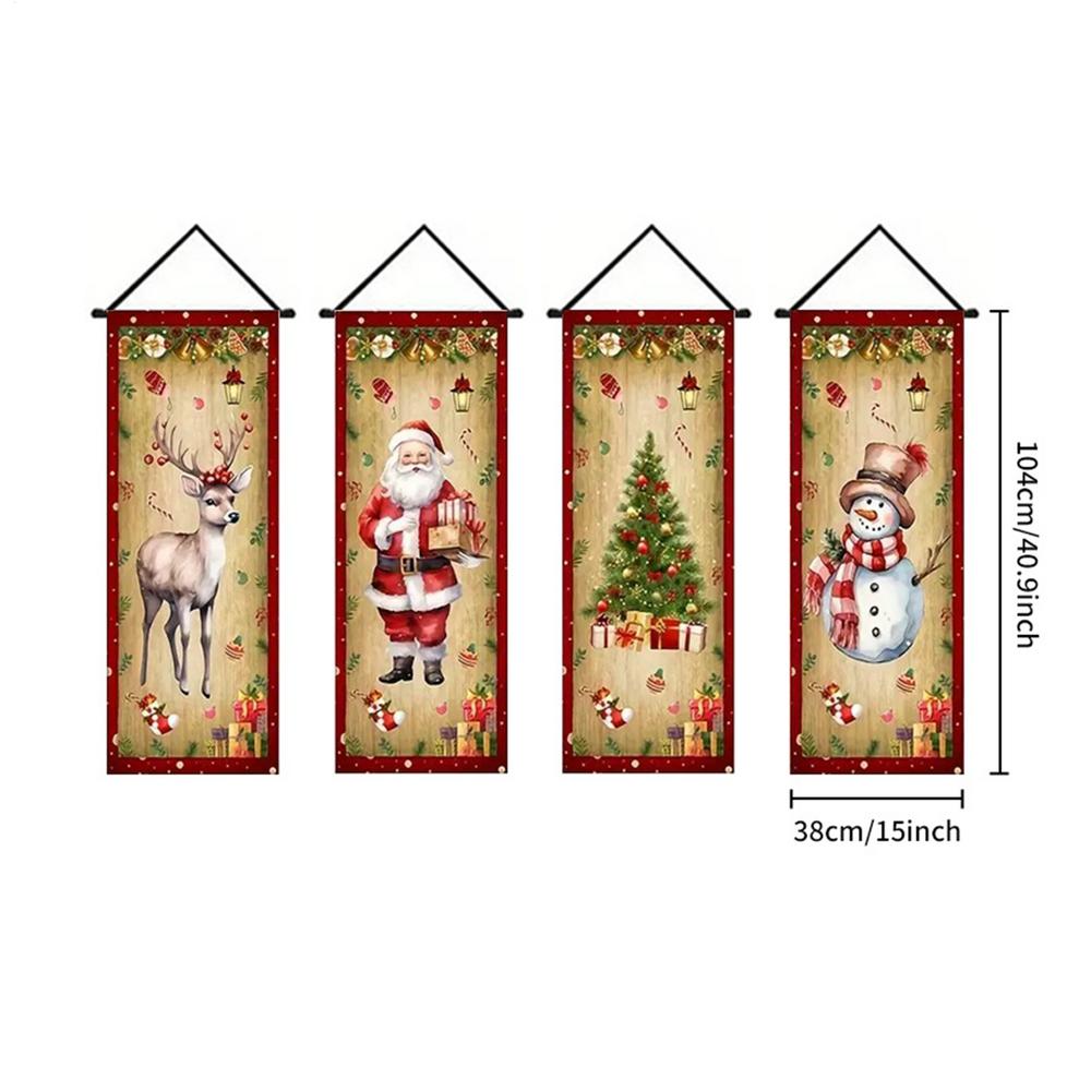 Christmas Banners 4 Pieces Porch Sign Santa Snowman Elk Wall Banner for Home living Room Patio Window Outdoor Balcony Parties