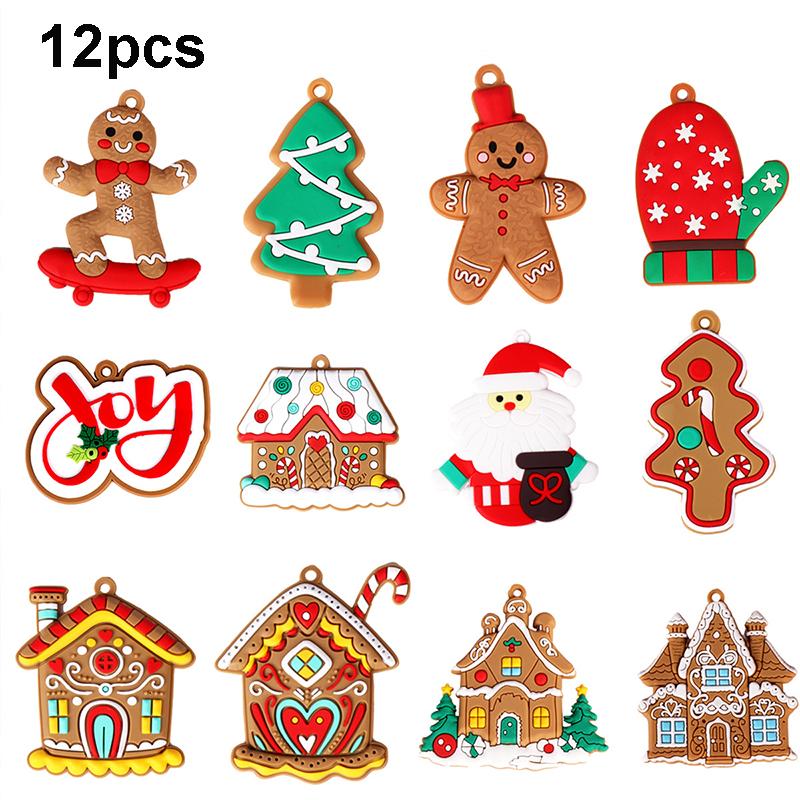 6/8/10/12pcs Christmas Ornament Hanging Christmas Tree Decorations Wall Winter New Year Party Holiday PVC Gingerbread House