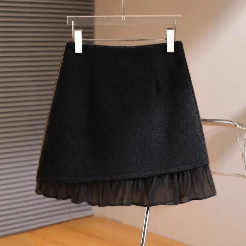 Womens Gray Wool Blend Mini Skirt Casual High Waist A-Line Tulle Hem Short Skirt