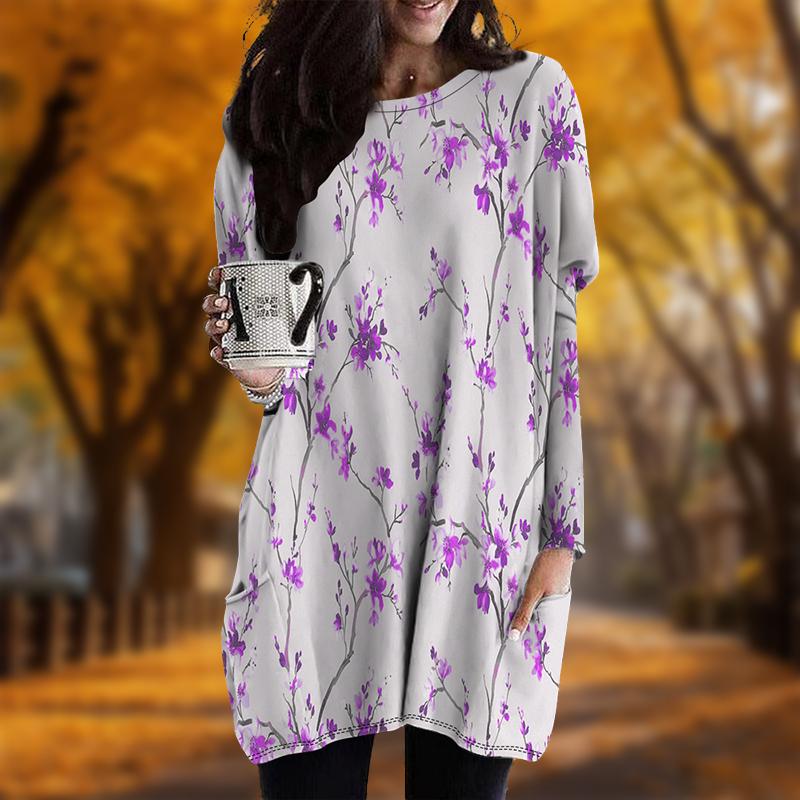 New In Autumn Elegant Plum Blossom Print Plus Size Dress Women O'neck Long Sleeves Casual Pocket Dresses