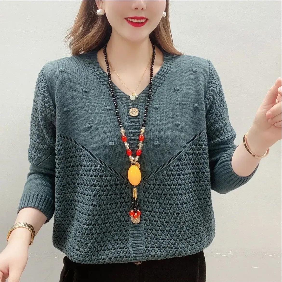 

Женский вязаный свитер с V-образным вырезом, свободного кроя, с ажурной вязкой, с длинным рукавом XS зелёный