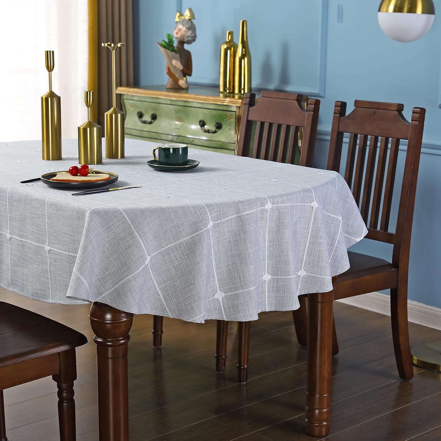 Скатерть овальная в клетку, рустикальная вышивка, хлопок-лен, серая, скатерти для кухни, столовой, вечеринки, настольное украшение, 60