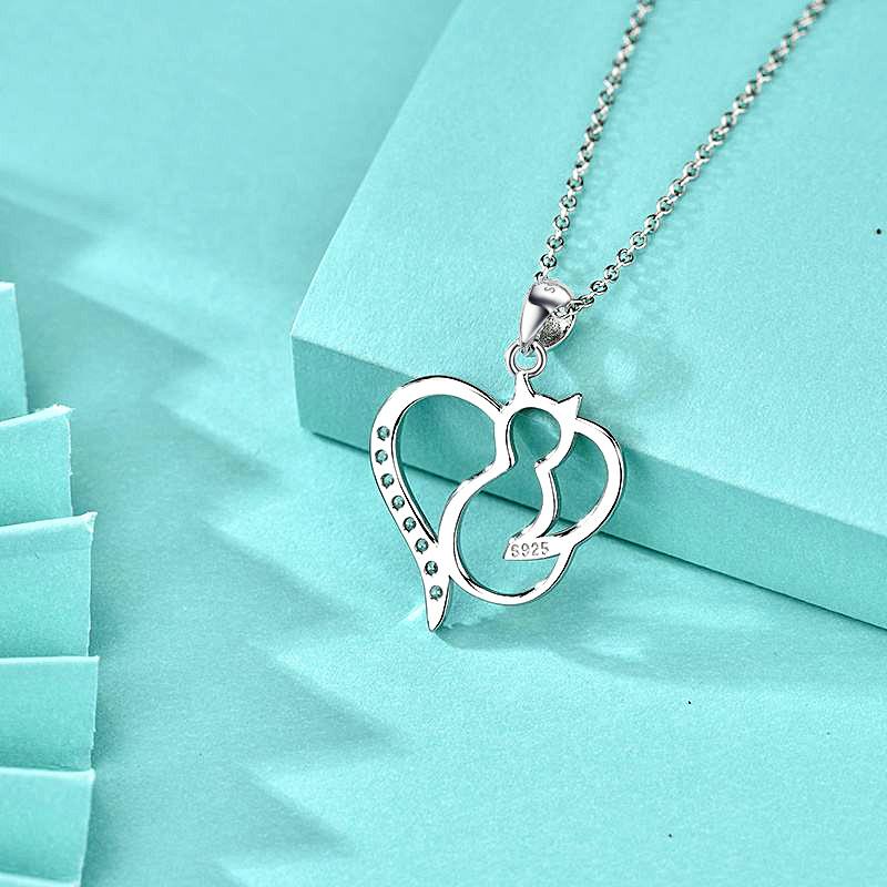 925 Sterling Silver Pendant Accessories Cute Love Cat Animal Diamond Necklace Jewelry