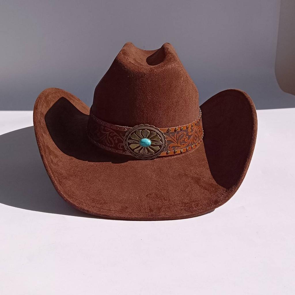Vegan Suede Wide Brim Rancher Hat Metal Buckle Boot Accessories for Men and Women Cowboy Hat Cattleman Style Unisex Fedora
