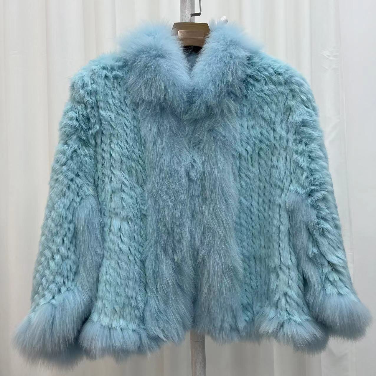 

Natural Knitted Rabbit Fur Shawl Coat with Fox Fur Collar Women s Fashion Knit Jacket Cape One Size
