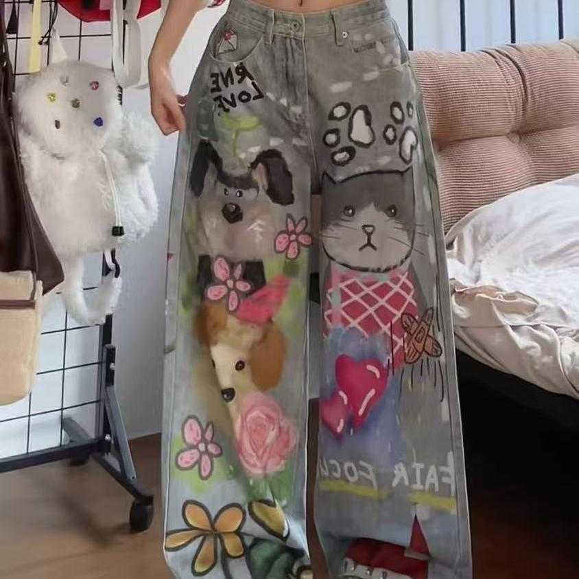 Nové džíny s grafitti vzorem pro ženy, rovný střih, retro, ležérní, široké kalhoty pro muže i ženy