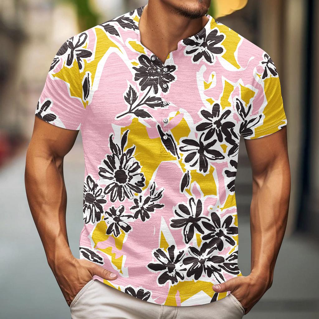 Men'S Printed T-Shirt Outdoor Retro Button Loose Long Sleeve Top