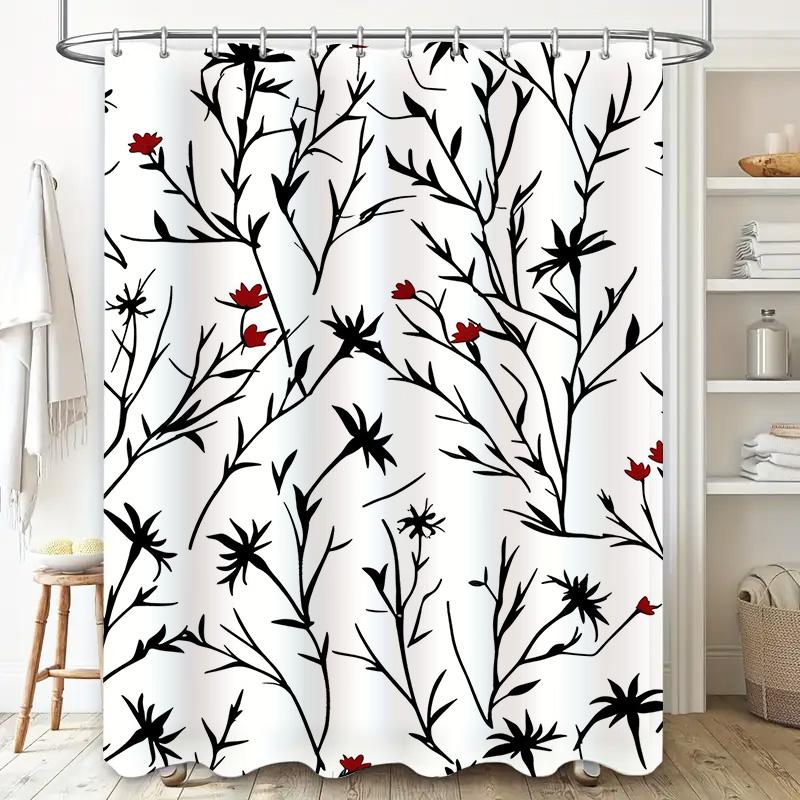 Modern Shower Curtain Black Red Floral Design Polyester Bathroom Decorative Waterproof Shower Panels for Home Decoration Size6