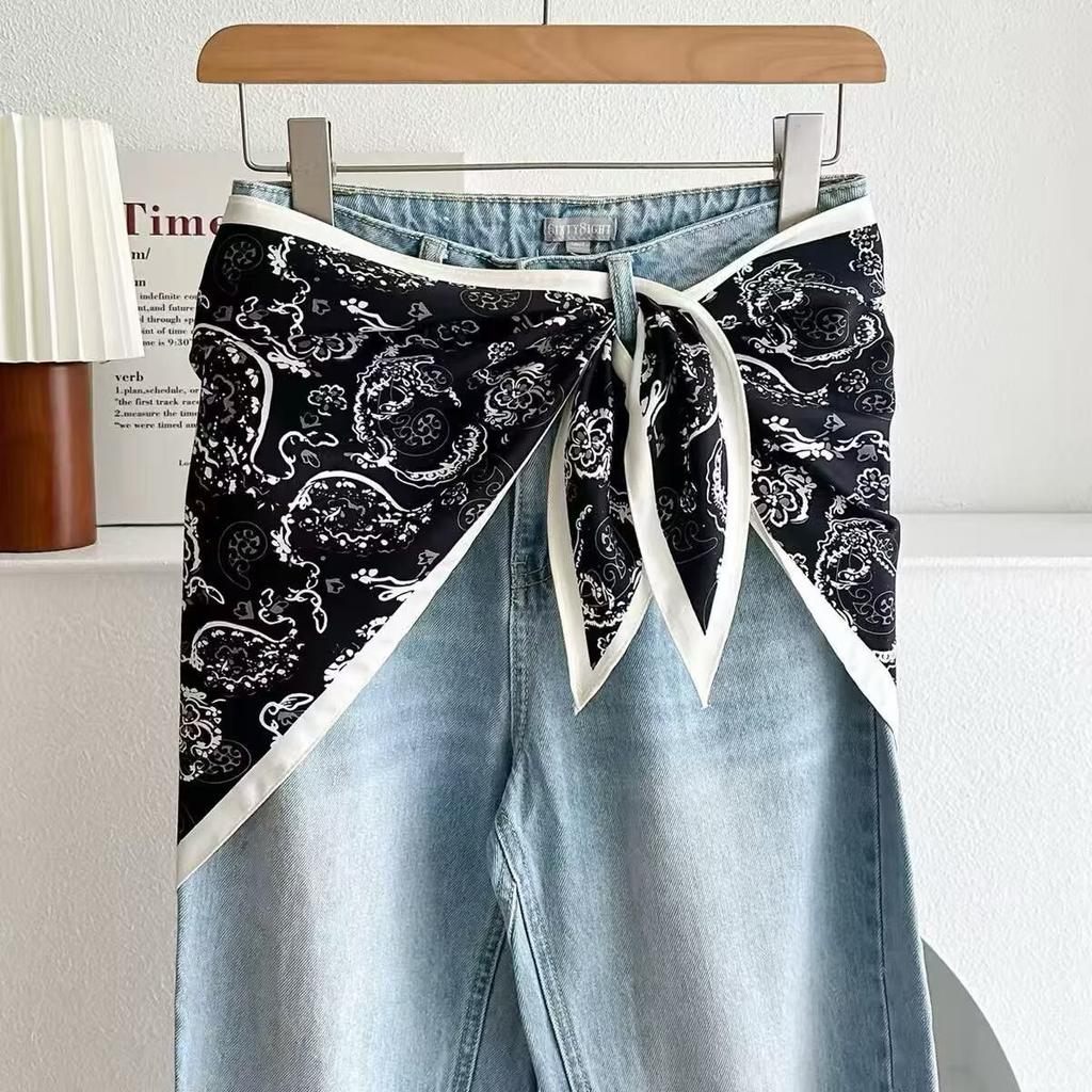 New triangular black and white rhombus square silk scarf, trouser skirt, triangular belt skirt, scarf with jeans