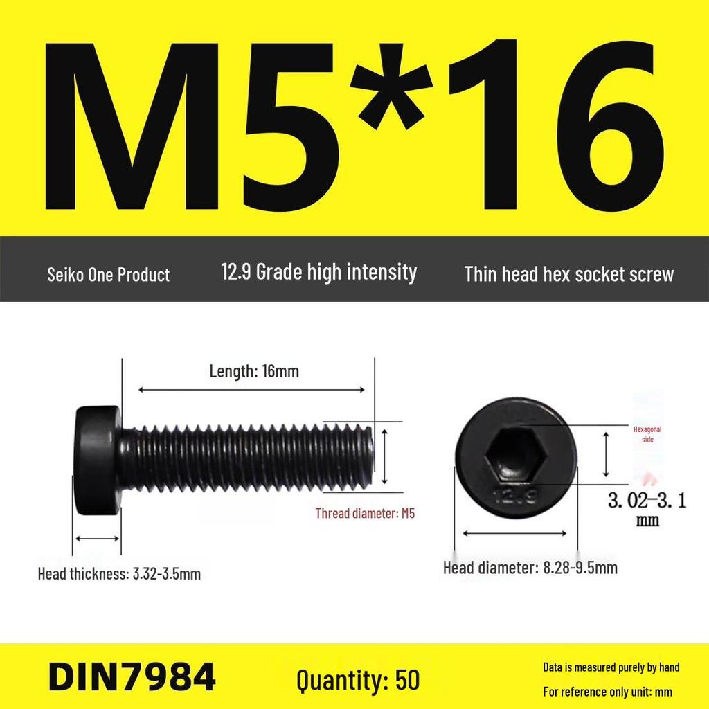 DIN7984 Grade 12.9 Thin Head Hex Socket Cap Screws - Sizes M3 To M16