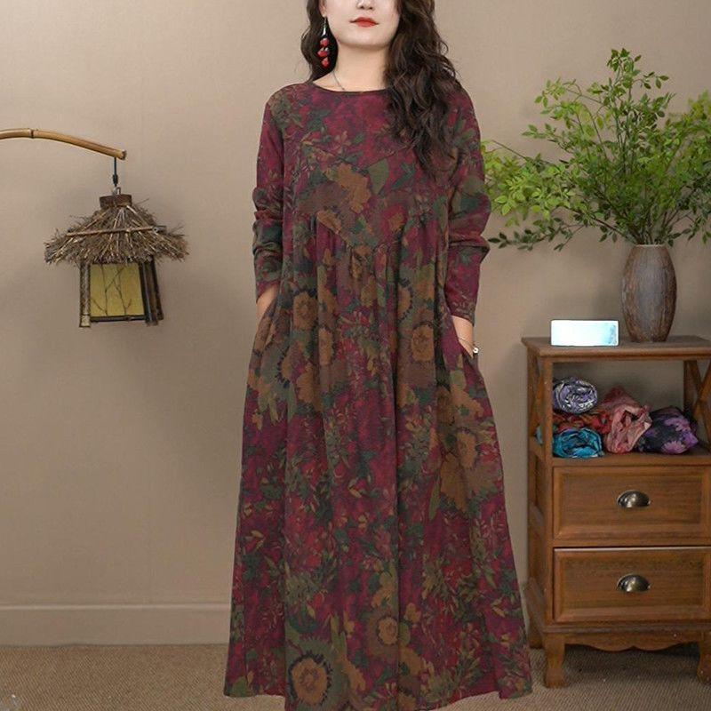 

Хлопково-льняное платье с цветочным принтом, круглый вырез, длинные рукава, свободный крой, длинная юбка, новый осенне-зимний стиль, стройнящее и стильное, универсальное для M (40.00 kg-52.50 kg красный