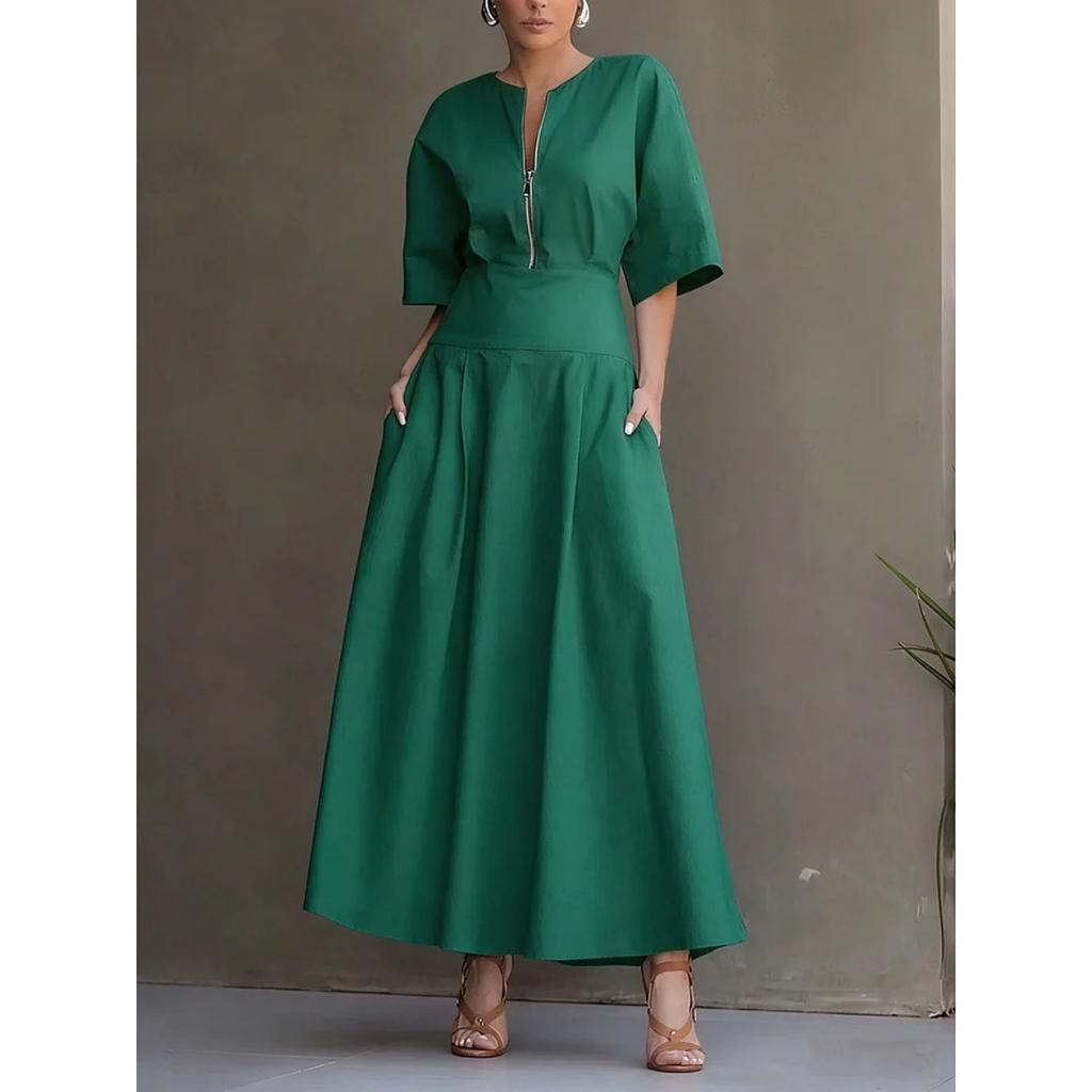 Women's Solid Color Short Sleeve Maxi Swing Dress Casual Fashion Summer Dress for Women