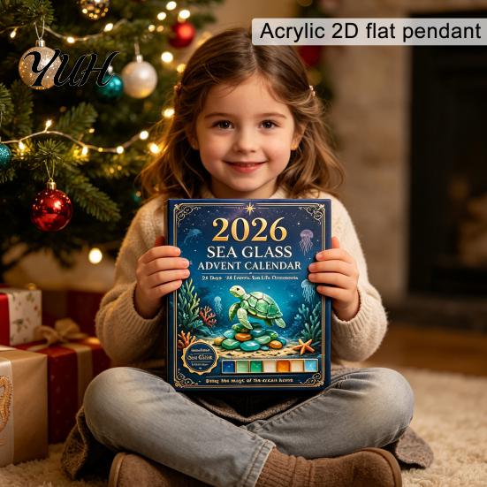 Festive Desktop Ornaments Sea Glass Marine Life Advent Calendar, 24 Day Countdown Box Home Decor with Ocean Animal Acrylic Ornaments, Tree Hanging