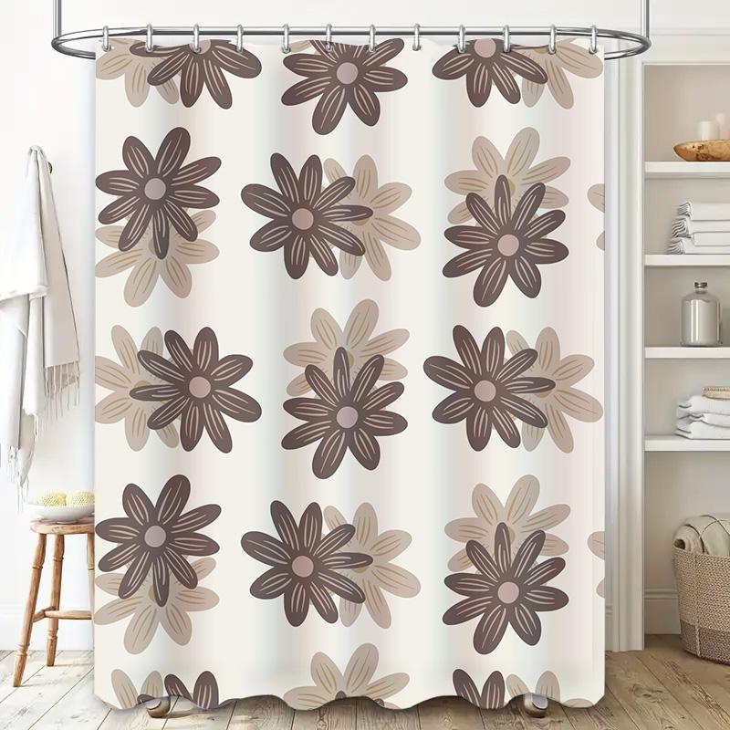 Brown Floral Shower Curtain Home Decor Waterproof Bathroom Accessories White Flower Bathtub Liner Print Rug Gray Bath Mat