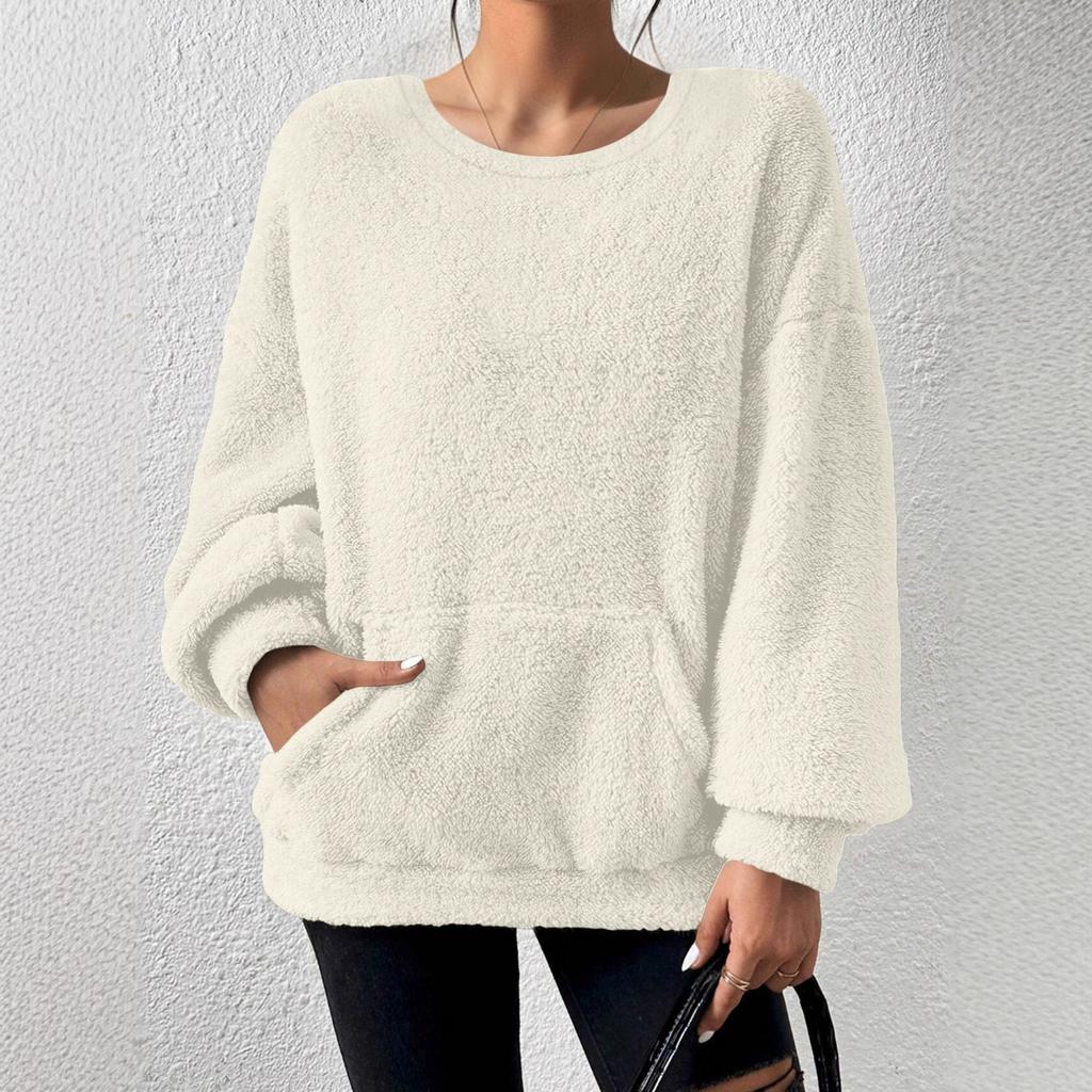 Long Sleeve Hoodie Pure Color Casual Fashionable Autumn Winter Round Neck Pocket Design Women