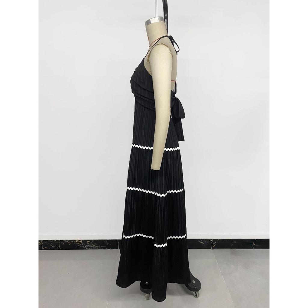 New Color Block V-neck Halter Sexy Vacation Style Tiered Cake Dress For Women
