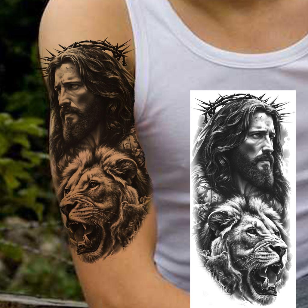 1 Sheet Waterproof Jesus With Cross Thorn Temporary Tattoos For Men Women Realistic Zeus Warrior Tatoos Temp Fake Tattoo Sticker