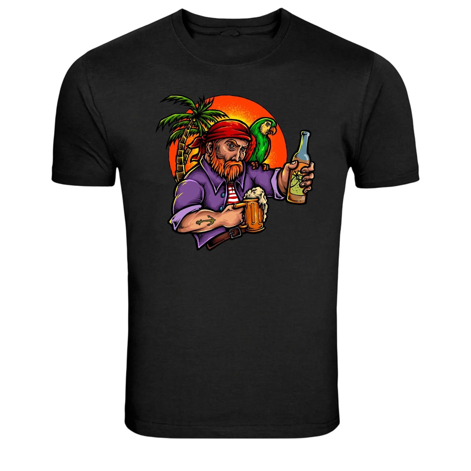 Pirate Drinking Beer Parrot Tropical Graphic T-Shirt L