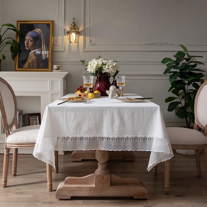 Solid Color Lace Edge Table Cover,French Retro Style Cotton Tablecloth,for Kitchen Dining Room Party Holiday Tabletop Decoration