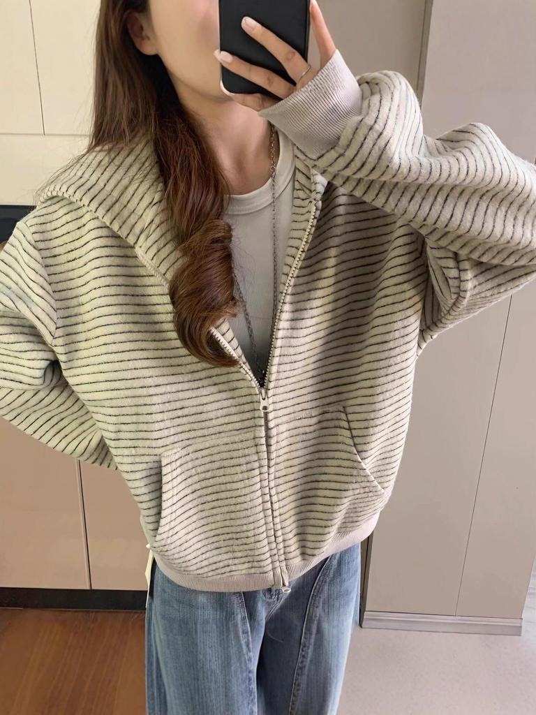 Women's Retro Striped Cardigan Hoodie - Long Sleeve, Spring/Autumn 2025 Collection