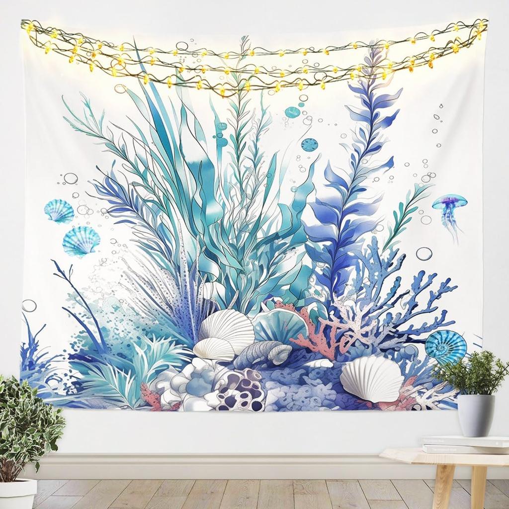 Minimalist Ocean Tapestry, HD Watercolor Print with Seaweed, Seashells & Jellyfish, White Background, Wall Decor for Bedroom