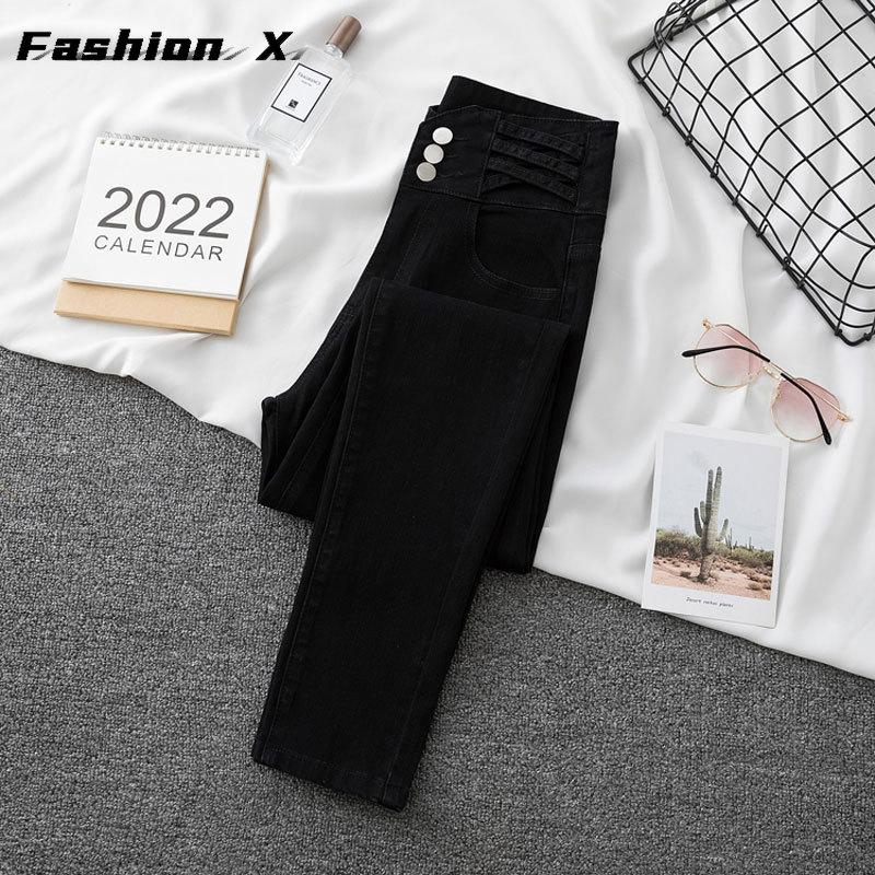 מכנסי ג'ינס אביביים בג'ינס קז'ואל מותניים גבוהים מכנסי קז'ואל לנשים