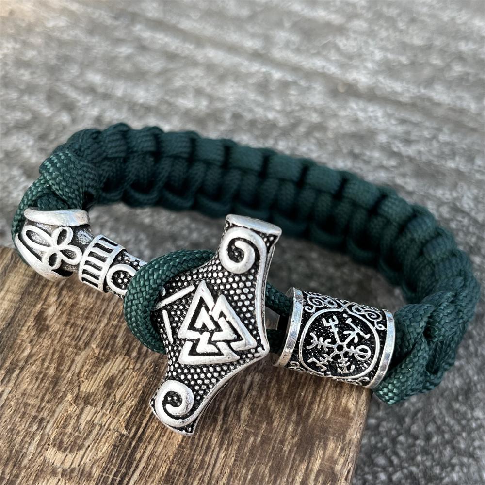 Viking Thor Hammer Valknut Vegvisir Runes Beads Jewelry Handmade Braided DIY Paracord Bracelet Mens Womens Accessories