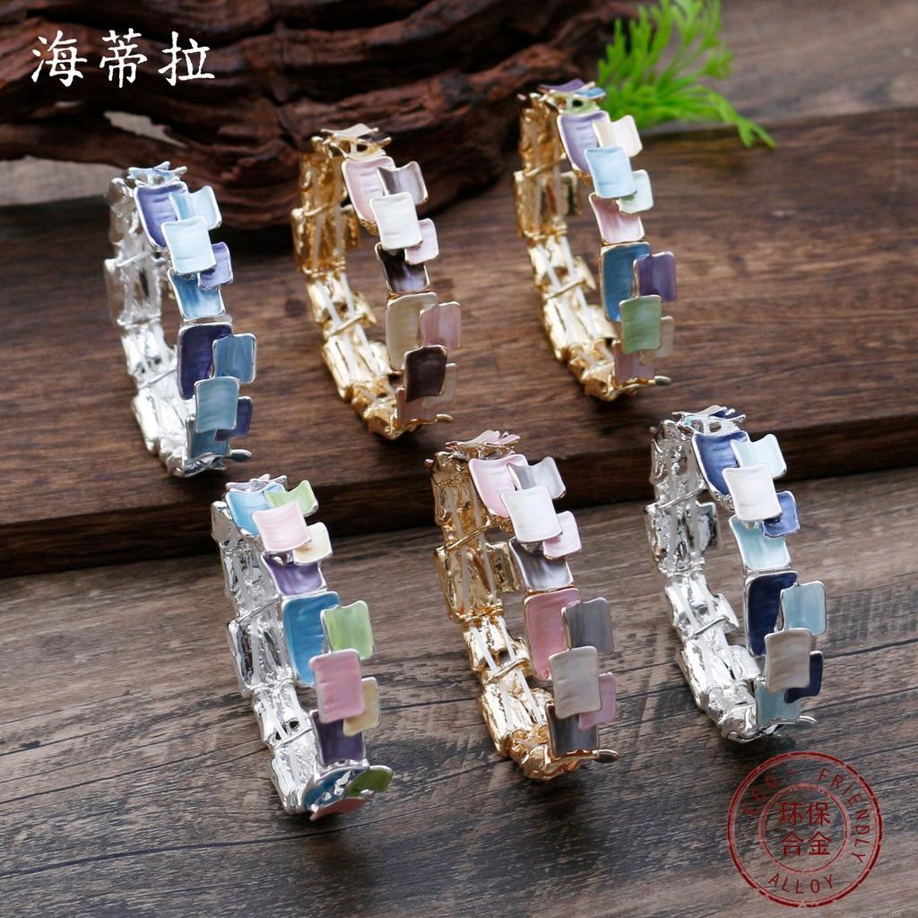 Luxury Enamel Color Geometric Square Splicing Elastic Bracelet Women Exaggerated Personality Irregular Square Bracelet