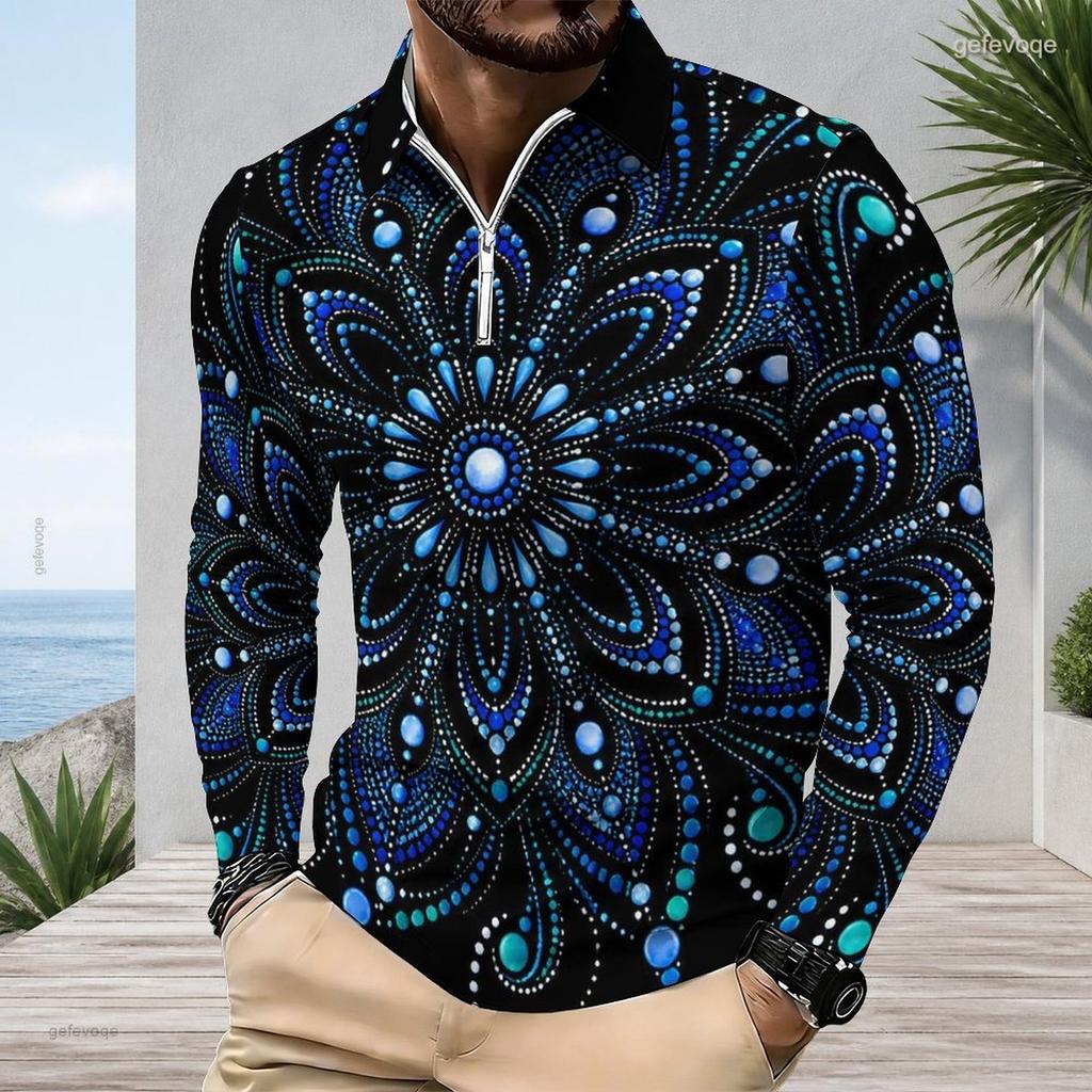 Men Plus Size Long Sleeve Quarter Zip Collared Printed Polo Shirt Grey Peach