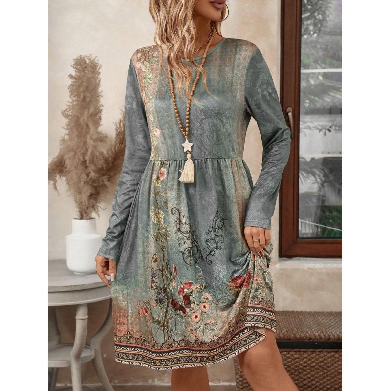 Women Floral Print Round Neck Long Sleeve Casual Dress A Line Vintage Midi Dress