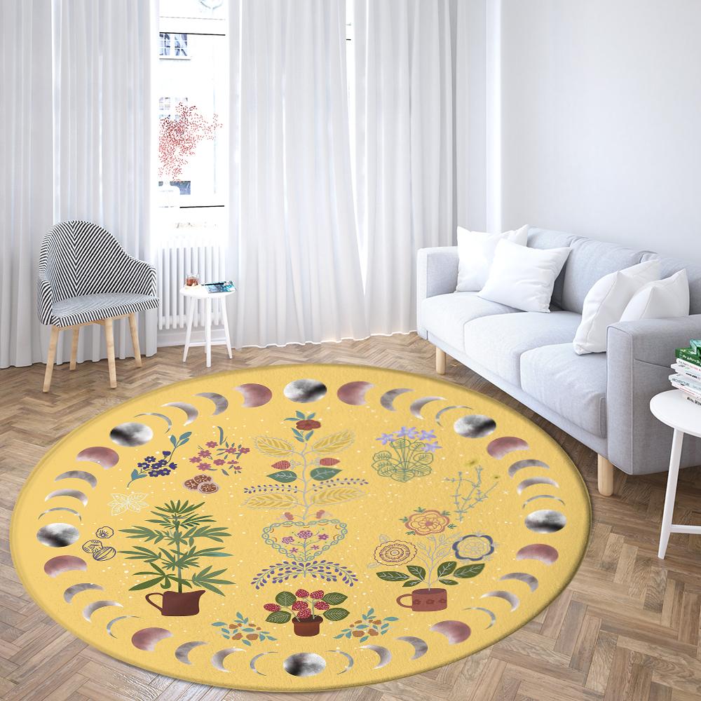 Moon and starry sky printed circular floor mat plant pattern carpet home bedroom decoration non slip floor mat door mat