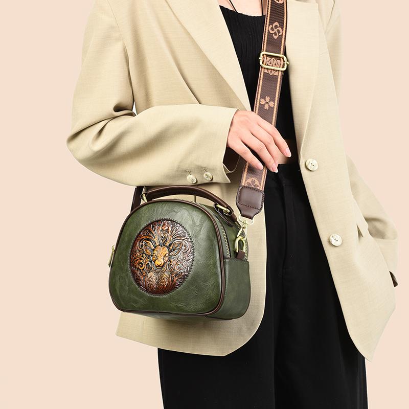 Exquisite Hand-Tooled PU Bag with Deer Design – Vintage-Inspired Crossbody and Top-Handle Bag for Women