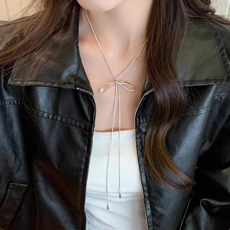 Silver Bow Pull-Out Necklace Women'S Simple Cold Style Long Accessories Sweater Chain Collarbone Chain