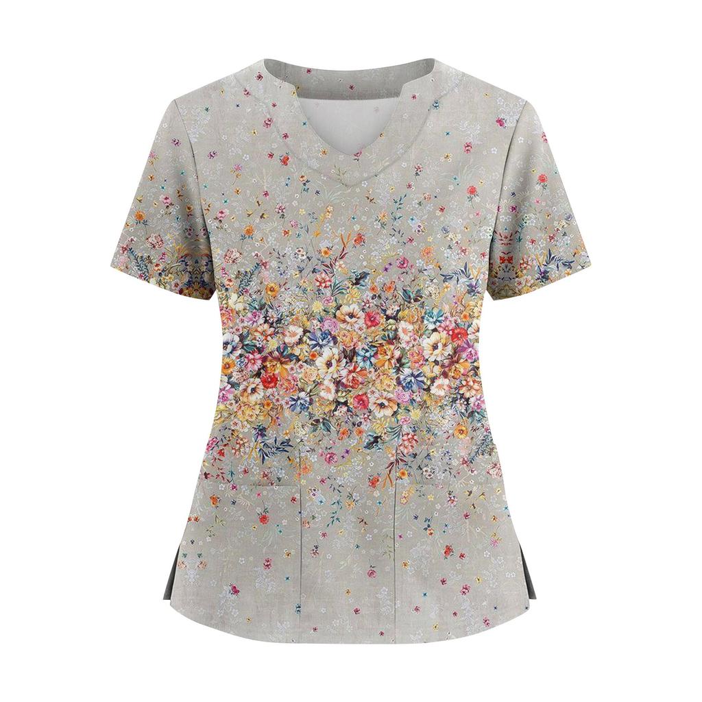 Damen locker kurzärmlig modisch geometrischer Druck von Pflanzen und Blumen Druck V-Ausschnitt knopfbar Seitenschlitz Oberteil T-Shirt