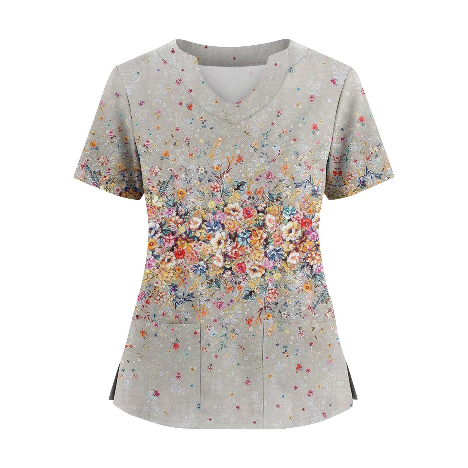

Women s Loose Short Sleeved Fashionable Geometric Printing Of Plants And Flowers Printing V-neck Buttonable Side Slit Top T-shirt XL