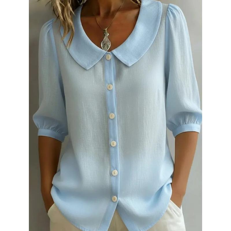 Womens Solid Doll Collar Button Down 3 4 Sleeve Blouse