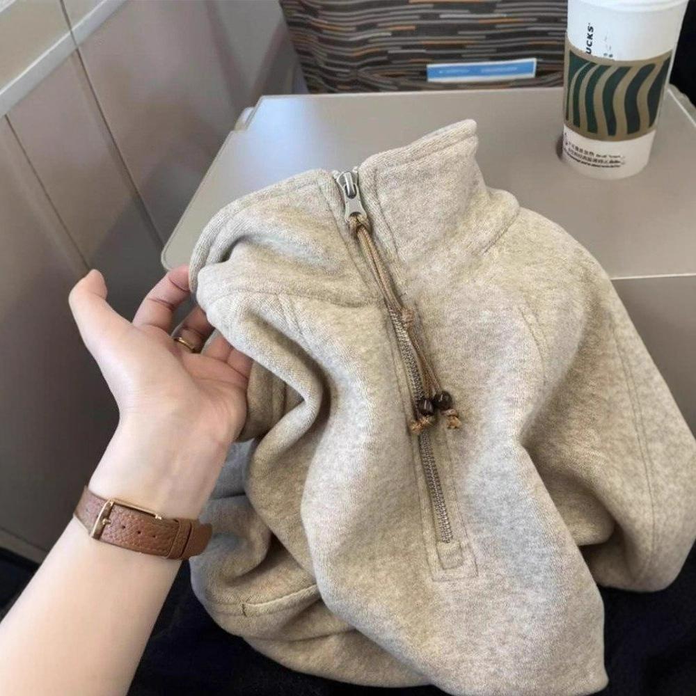 Women's Long Sleeve Sweatshirt Stand Collar Casual Pullover Top Half Zip Drawstring Loose Sweatshirt